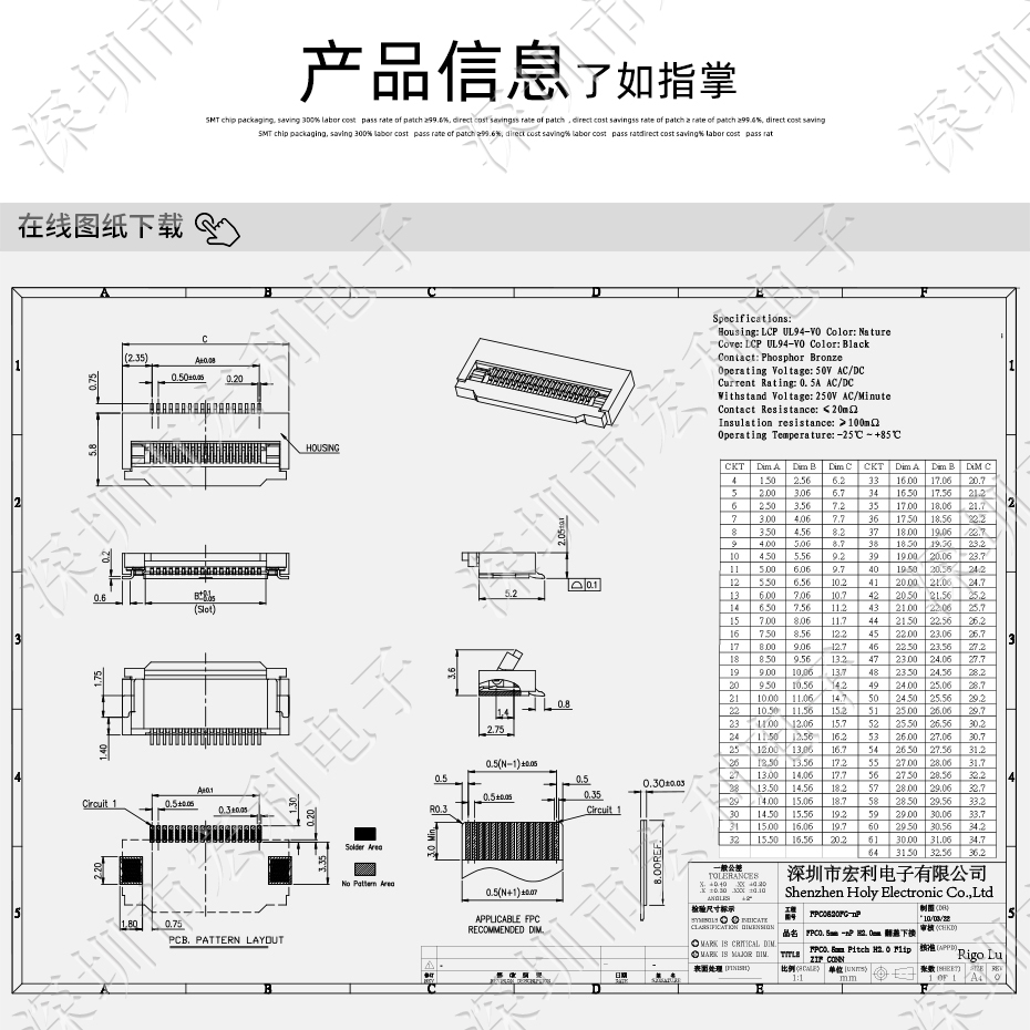 FFC/FPC插座 软排线接插件 草莓视频黄污 间距1.0mm 11P 下接翻盖式