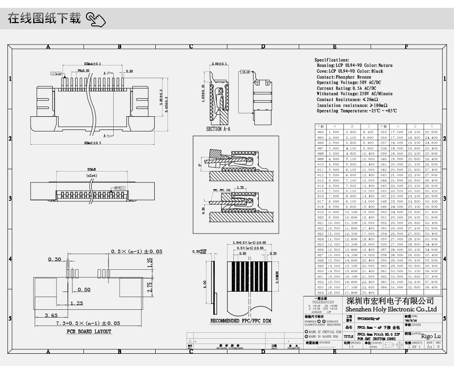 FPC接插件,FFC/FPC扁平软排线连接器,0.5-28P下接拉锁